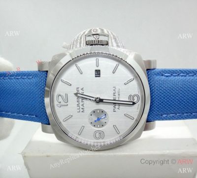 Copy Panerai Luminor Marina Automatic Watch Blue Leather Strap Silver Face